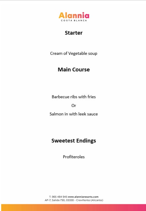 Alannia Menu